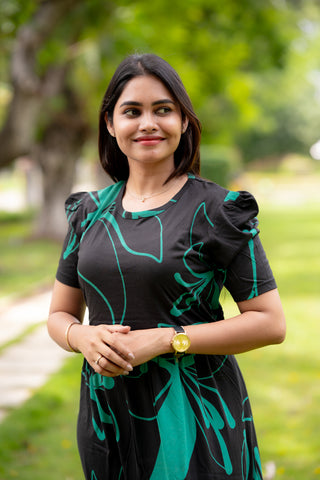GRREN FLORA | ZIPLESS MATERNITY MAXI-PUFF SLEEVES | FULL LENGTH MAXI