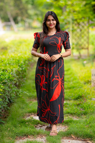 DUAL FLOWERS | ZIPLESS MATERNITY MAXI-PUFF SLEEVES | FULL LENGTH MAXI