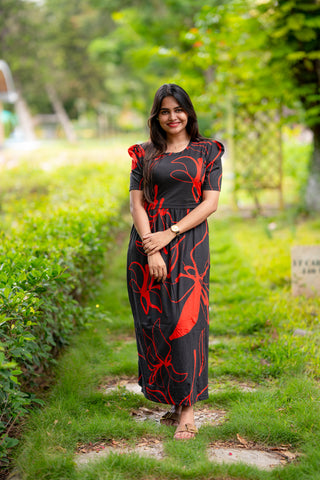 DUAL FLOWERS | ZIPLESS MATERNITY MAXI-PUFF SLEEVES | FULL LENGTH MAXI