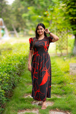 DUAL FLOWERS | ZIPLESS MATERNITY MAXI-PUFF SLEEVES | FULL LENGTH MAXI