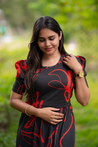 DUAL FLOWERS | ZIPLESS MATERNITY MAXI-PUFF SLEEVES | FULL LENGTH MAXI