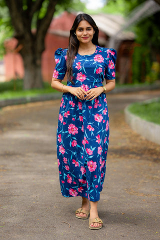 PINK FLOWERS | ZIPLESS MATERNITY MAXI-PUFF SLEEVES | FULL LENGTH MAXI
