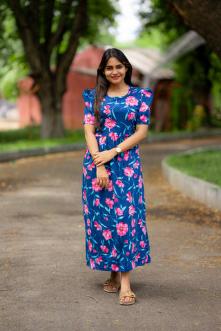 PINK FLOWERS | ZIPLESS MATERNITY MAXI-PUFF SLEEVES | FULL LENGTH MAXI
