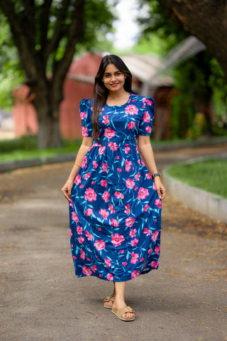 PINK FLOWERS | ZIPLESS MATERNITY MAXI-PUFF SLEEVES | FULL LENGTH MAXI