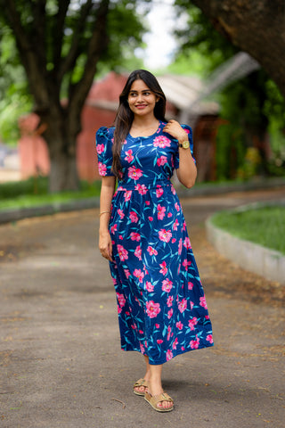 PINK FLOWERS | ZIPLESS MATERNITY MAXI-PUFF SLEEVES | FULL LENGTH MAXI
