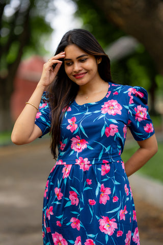 PINK FLOWERS | ZIPLESS MATERNITY MAXI-PUFF SLEEVES | FULL LENGTH MAXI
