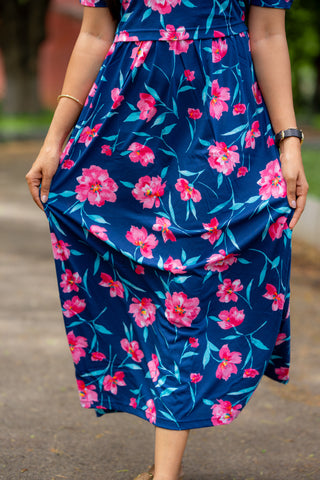PINK FLOWERS | ZIPLESS MATERNITY MAXI-PUFF SLEEVES | FULL LENGTH MAXI