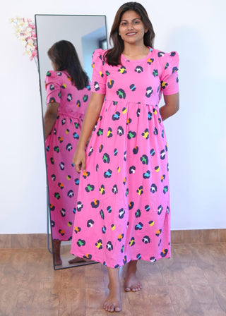 PINK CHEETAH | NON-FEEDING MAXI – PUFF SLEEVES | ANKLE LENGTH MAXI