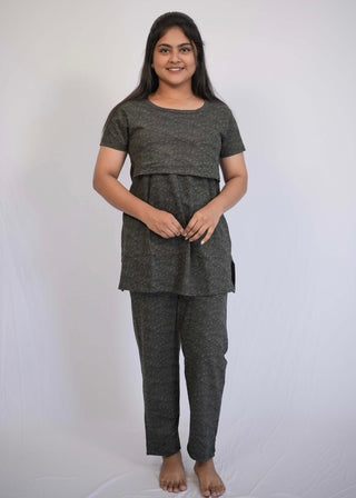 DARK GREY LEAF | ZIPLESS FEEDING PANT SET