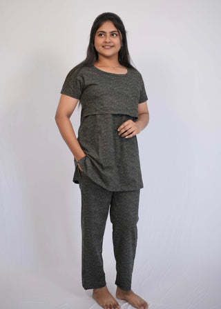 DARK GREY LEAF | ZIPLESS FEEDING PANT SET