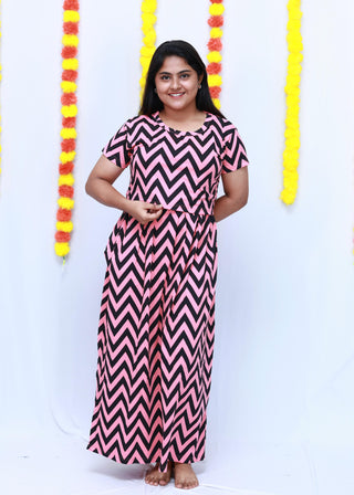 PINK BLACK ABSTRACT | ZIPLESS MATERNITY MAXI-SHORT SLEEVES | ANKLE LENGTH MAXI