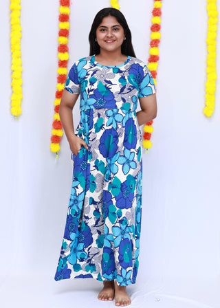 BLUE FLORA | ZIPLESS MATERNITY MAXI-SHORT SLEEVES | FULL LENGTH MAXI