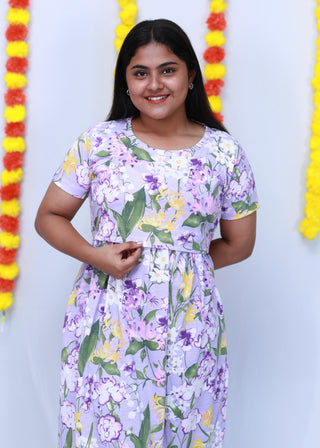 PASTEL FLORA | ZIPLESS MATERNITY MAXI-SHORT SLEEVES | FULL LENGTH MAXI