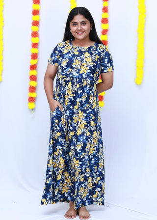 BLUE YELLOW FLORA | ZIPLESS MATERNITY MAXI-SHORT SLEEVES | FULL LENGTH MAXI