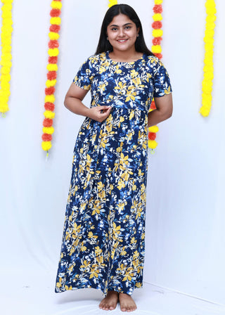 BLUE YELLOW FLORA | ZIPLESS MATERNITY MAXI-SHORT SLEEVES | FULL LENGTH MAXI