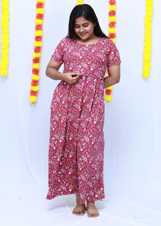 LEAFY RUFFLE | ZIPLESS MATERNITY MAXI-SHORT SLEEVES | FULL LENGTH MAXI