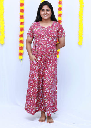 LEAFY RUFFLE | ZIPLESS MATERNITY MAXI-SHORT SLEEVES | FULL LENGTH MAXI