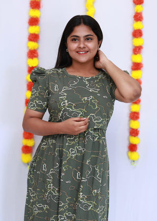 GREEN WAVES | ZIPLESS MATERNITY MAXI-PUFF SLEEVES | FULL LENGTH MAXI