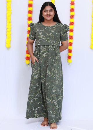 GREEN WAVES | ZIPLESS MATERNITY MAXI-PUFF SLEEVES | FULL LENGTH MAXI