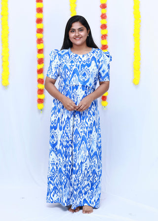 BLUE ZEPHYR | ZIPLESS MATERNITY MAXI-PUFF SLEEVES | FULL LENGTH MAXI