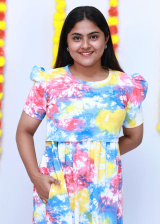 MULTI TIE & DYE | ZIPLESS MATERNITY MAXI-PUFF SLEEVES | FULL LENGTH MAXI