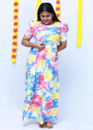 MULTI TIE & DYE | ZIPLESS MATERNITY MAXI-PUFF SLEEVES | FULL LENGTH MAXI