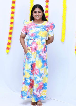 MULTI TIE & DYE | ZIPLESS MATERNITY MAXI-PUFF SLEEVES | FULL LENGTH MAXI