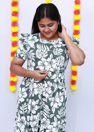 CHARCOAL FLORAL | ZIPLESS MATERNITY MAXI-PUFF SLEEVES | FULL LENGTH MAXI