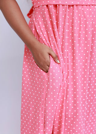 PINK DOTS | ZIPLESS MATERNITY MAXI-PUFF SLEEVES | FULL LENGTH MAXI