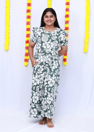 CHARCOAL FLORAL | ZIPLESS MATERNITY MAXI-PUFF SLEEVES | FULL LENGTH MAXI