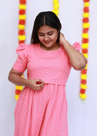 PINK DOTS | ZIPLESS MATERNITY MAXI-PUFF SLEEVES | FULL LENGTH MAXI