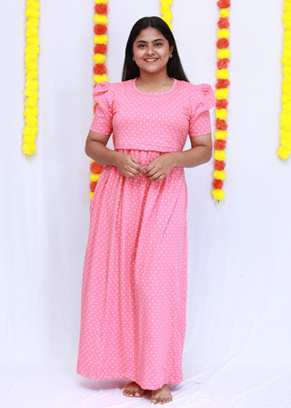 PINK DOTS | ZIPLESS MATERNITY MAXI-PUFF SLEEVES | FULL LENGTH MAXI