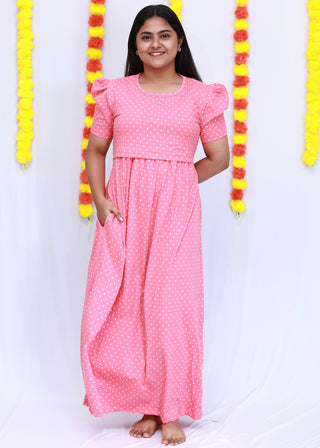 PINK DOTS | ZIPLESS MATERNITY MAXI-PUFF SLEEVES | FULL LENGTH MAXI