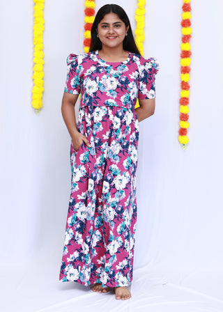 DARK PINK FLORAL | ZIPLESS MATERNITY MAXI-PUFF SLEEVES | FULL LENGTH MAXI