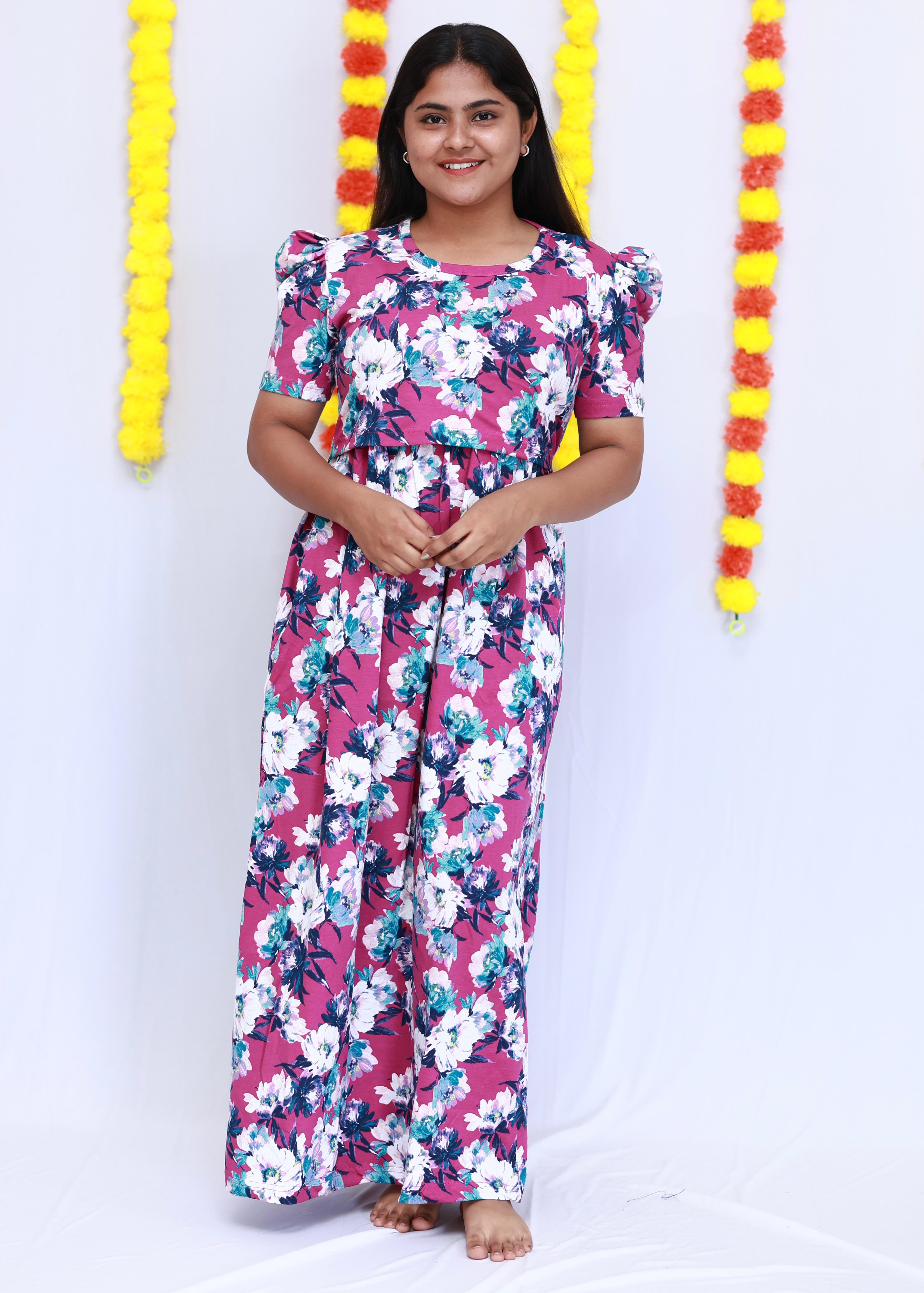 DARK PINK FLORAL | ZIPLESS MATERNITY MAXI-PUFF SLEEVES | FULL LENGTH M Mulberry Label DARK PINK FLORAL | ZIPLESS MATERNITY MAXI-PUFF SLEEVES | FULL LENGTH M Mulberry Label