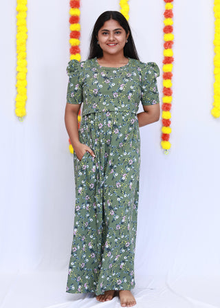 GREEN FLORA | ZIPLESS MATERNITY MAXI-PUFF SLEEVES | FULL LENGTH MAXI