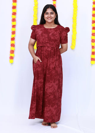 MAROON TIE & DYE | ZIPLESS MATERNITY MAXI-PUFF SLEEVES | FULL LENGTH MAXI