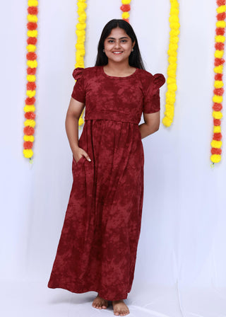 MAROON TIE & DYE | ZIPLESS MATERNITY MAXI-PUFF SLEEVES | FULL LENGTH MAXI