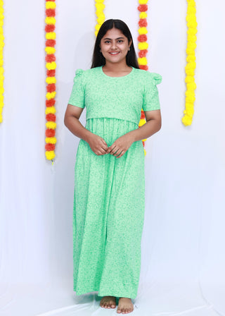 GREEN HEART | ZIPLESS MATERNITY MAXI-PUFF SLEEVES | FULL LENGTH MAXI