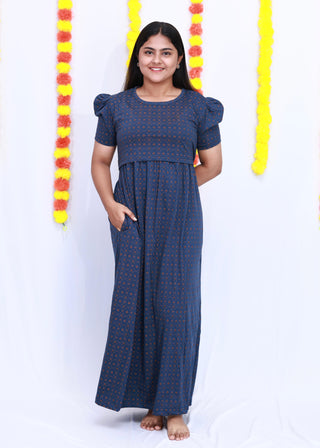 NAVY DIAMOND | ZIPLESS MATERNITY MAXI-PUFF SLEEVES | FULL LENGTH MAXI