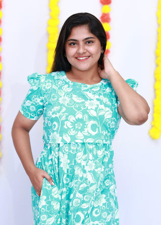 OCEAN FLORAL | ZIPLESS MATERNITY MAXI-PUFF SLEEVES | FULL LENGTH MAXI