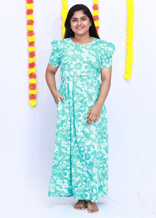 OCEAN FLORAL | ZIPLESS MATERNITY MAXI-PUFF SLEEVES | FULL LENGTH MAXI