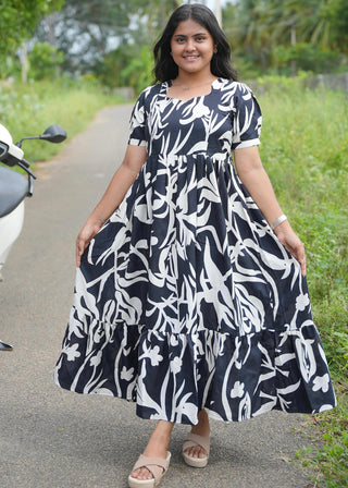 BLACK WHITE LEAFY | MATERNITY MAXI ANKLE LENGTH