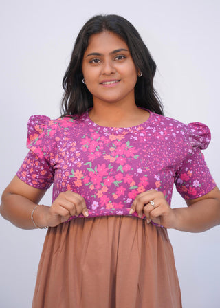 PINK FLORAL DOUBLE SHADE | ZIPLESS MATERNITY MAXI-PUFF SLEEVES | ANKLE LENGTH MAXI