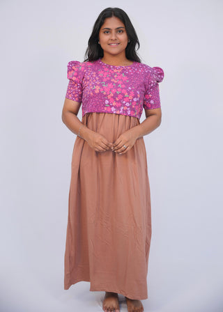 PINK FLORAL DOUBLE SHADE | ZIPLESS MATERNITY MAXI-PUFF SLEEVES | ANKLE LENGTH MAXI