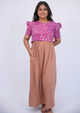 PINK FLORAL DOUBLE SHADE | ZIPLESS MATERNITY MAXI-PUFF SLEEVES | ANKLE LENGTH MAXI