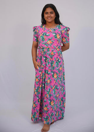 PINK LEAFY | ZIPLESS MATERNITY MAXI-PUFF SLEEVES | FULL LENGTH MAXI