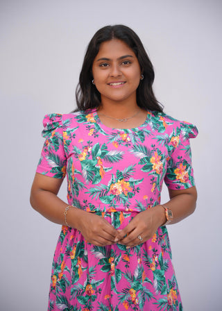 PINK LEAFY | ZIPLESS MATERNITY MAXI-PUFF SLEEVES | FULL LENGTH MAXI