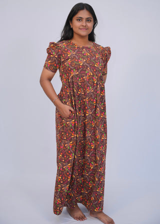 BROWN MULTIFLORA | NON-FEEDING MAXI – PUFF SLEEVES | FULL LENGTH MAXI