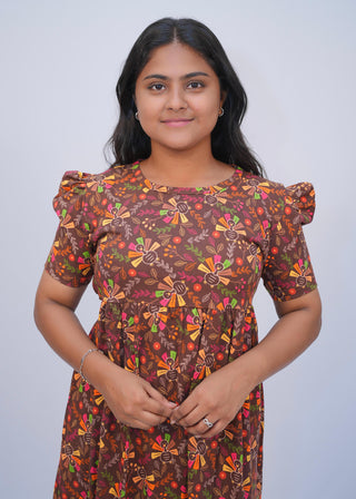 BROWN MULTIFLORA | NON-FEEDING MAXI – PUFF SLEEVES | FULL LENGTH MAXI